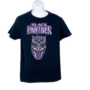 Black Panther Shirt Men Medium Black Short Sleeve Purple Graphic Spellout Tee